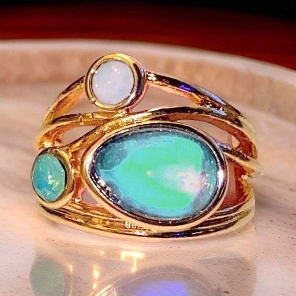 New Sz 8 Gold Moonstone Wrap Stone Clear Turqoise Opal Cluster Ring Cocktail